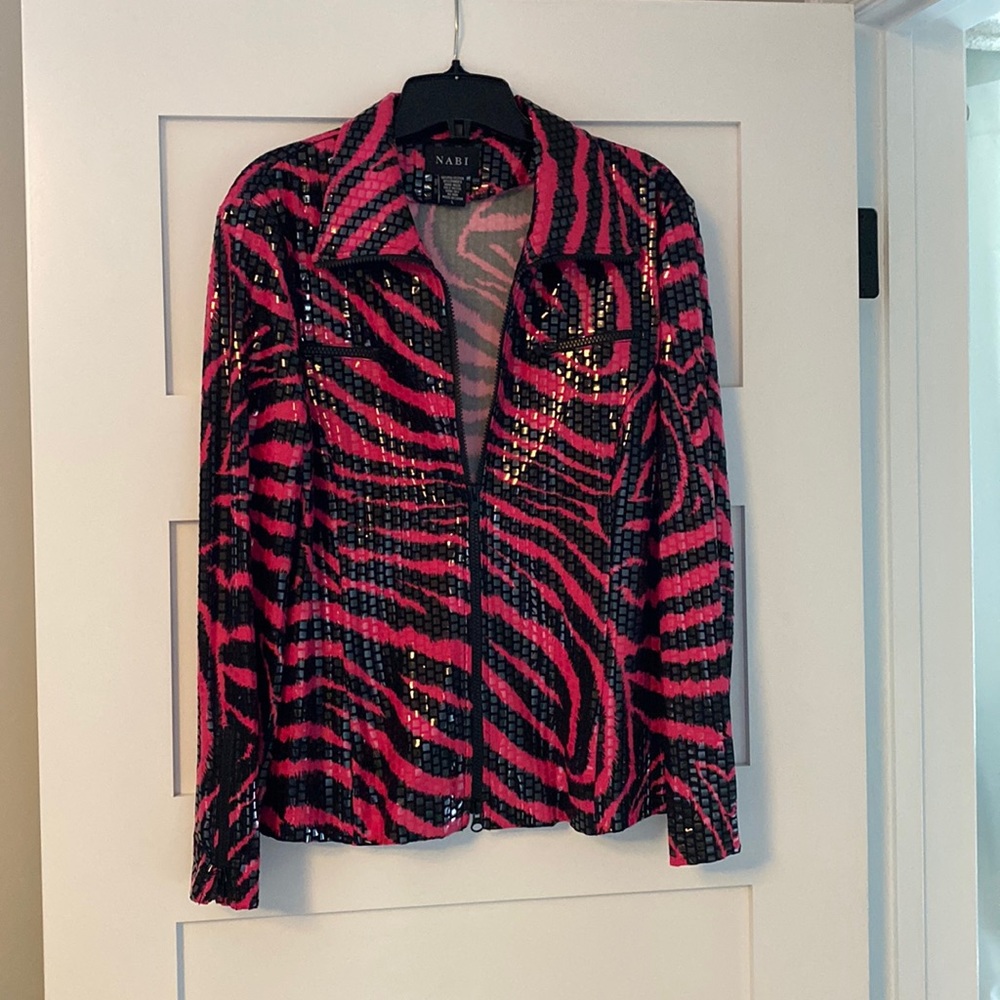 Pink and black animal print zippered blazer